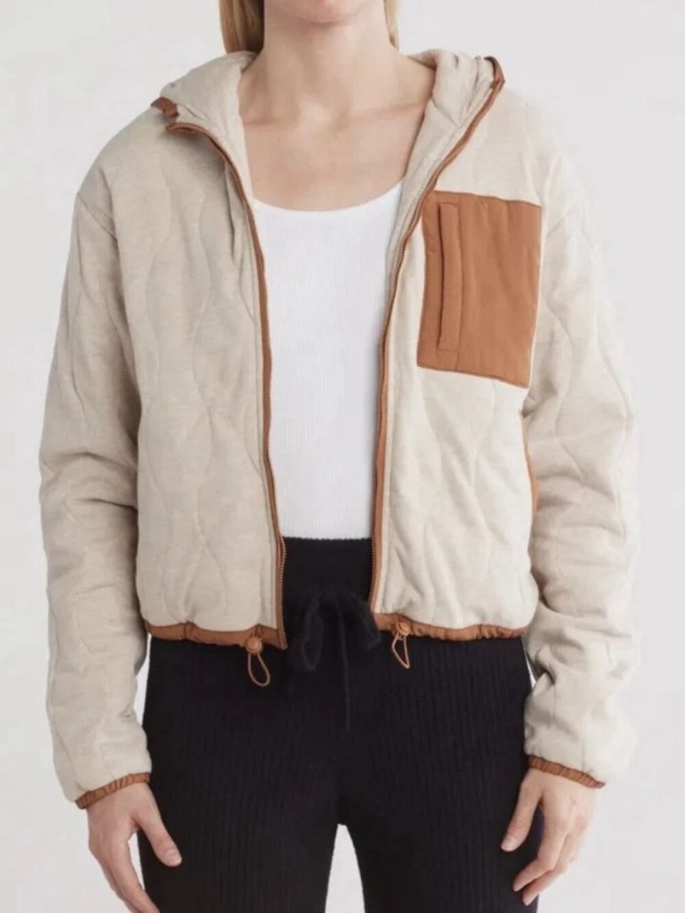 Spiritual Gangster Womens Quilted Fleece Hoodie Cropped Jacket In Tan XS